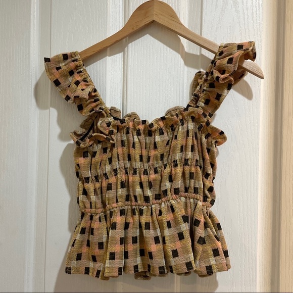 Anthropologie Eva Franco Checked Ruffle Tank Top New NWT Size small tan neutral - Picture 2 of 4
